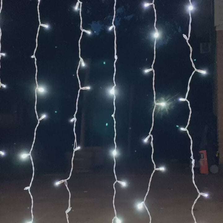 8-Foot LED Twinkle Curtain Icicle Lights Warm White Bulbs White Wire