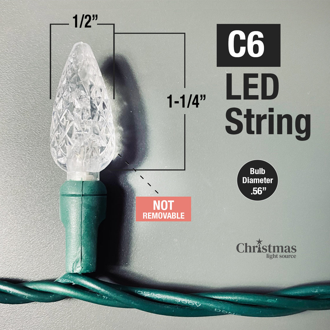 50-light C6 Warm White LED Christmas Lights, 4" Spacing Green Wire