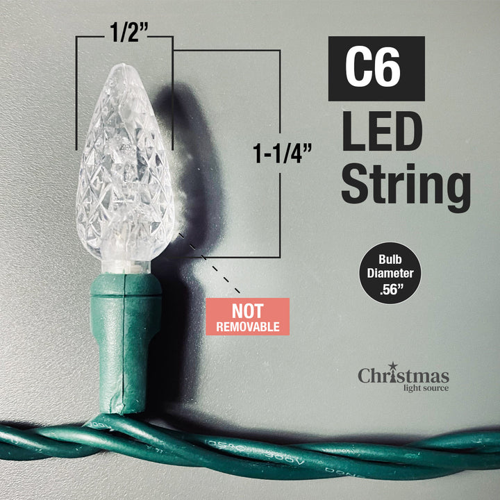50-light C6 Pure White LED Christmas Lights, 4" Spacing Green Wire