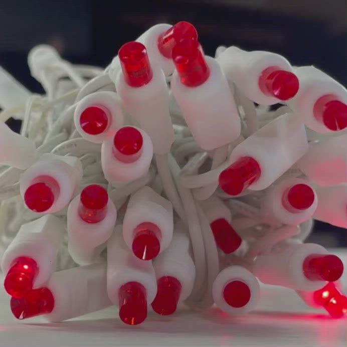 50-light  5mm Red Strobe LED Christmas Lights, 4" Spacing White Wire