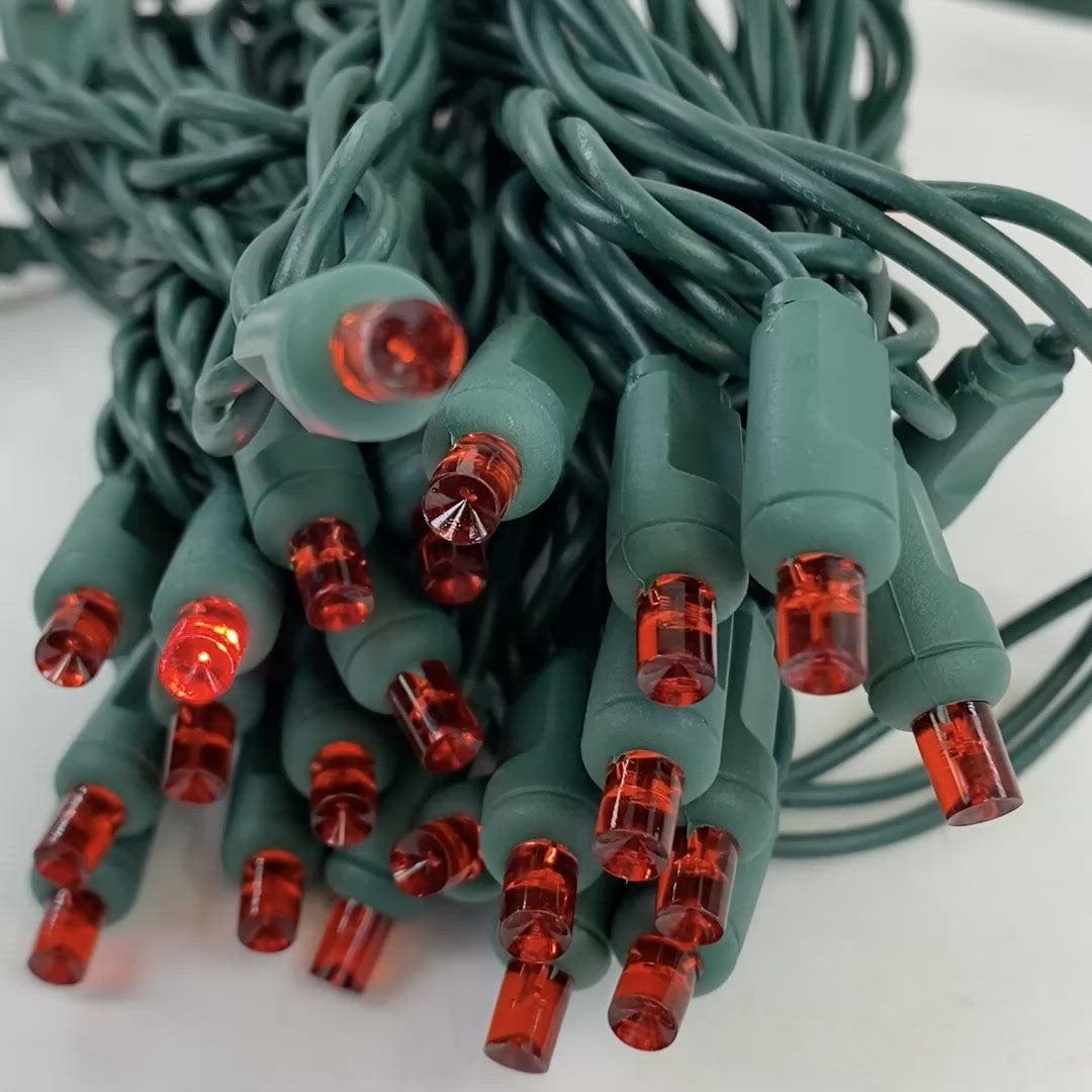 50-light 5mm Red Strobe LED Christmas Lights, 4" Spacing Green Wire
