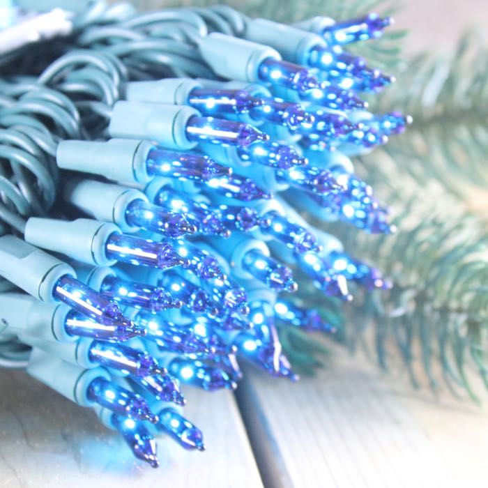 blue lights for parties and decorating on green wire