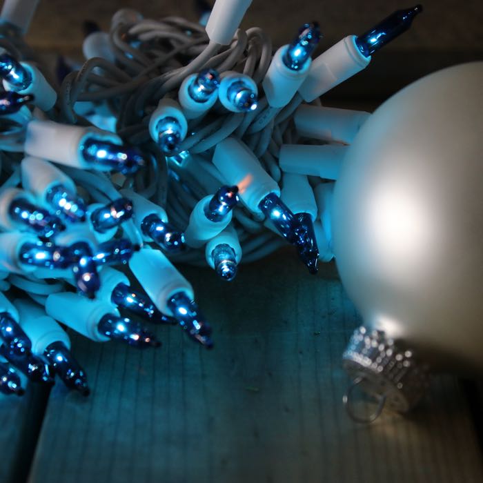 50-bulb Blue Mini Lights, 2.5" Spacing, White Wire
