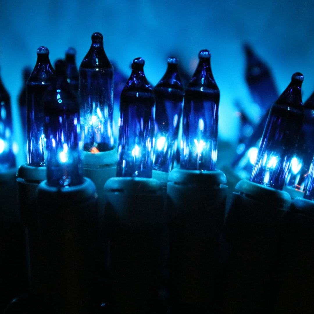 50-bulb Blue Mini Lights, 2.5" Spacing, Green Wire