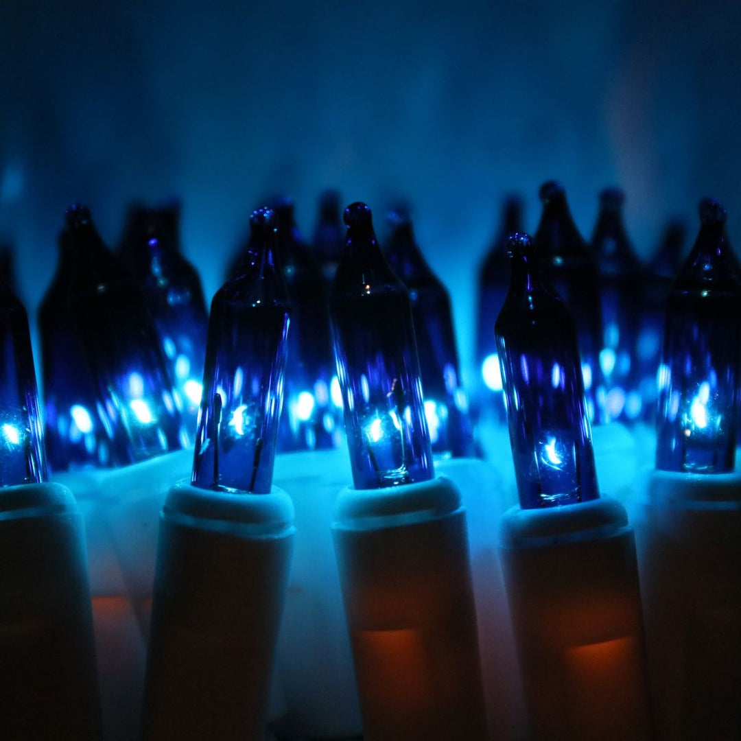 50-bulb Blue Mini Lights, 2.5" Spacing, White Wire – Christmas Light Source