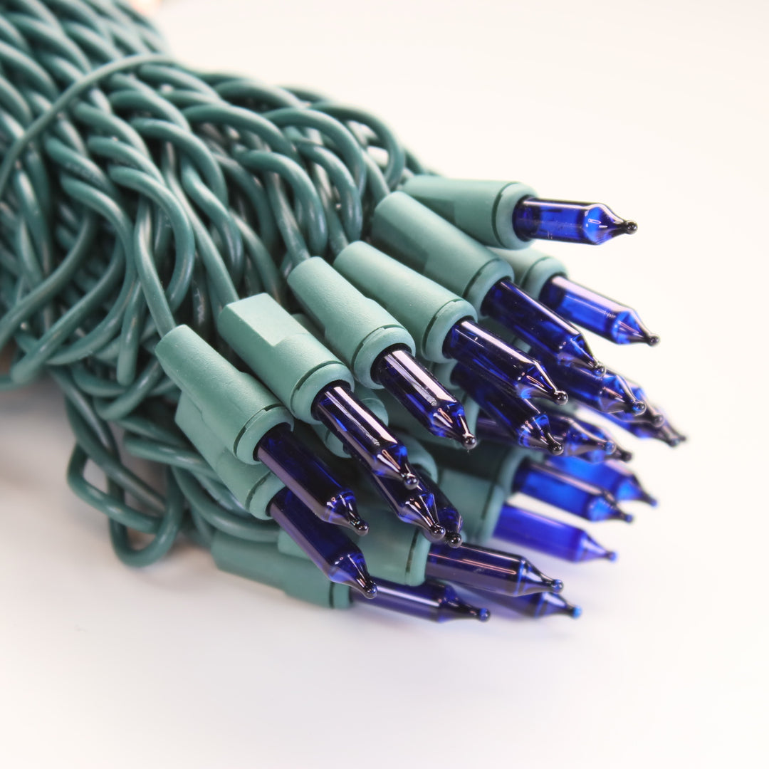 50-bulb Blue Mini Lights, 6" Spacing, Green Wire