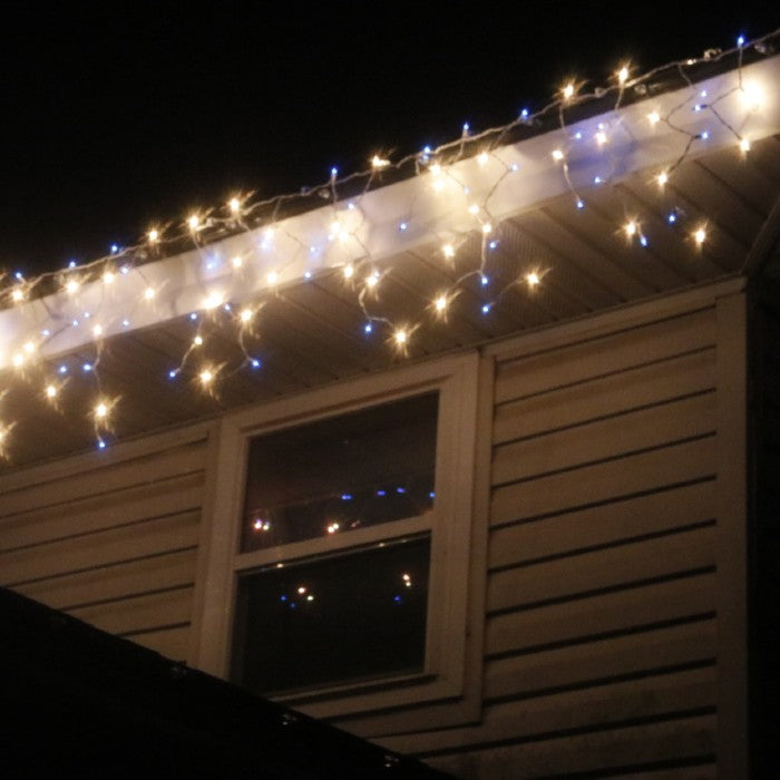 150-bulb Blue and Clear Icicle Lights, White Wire