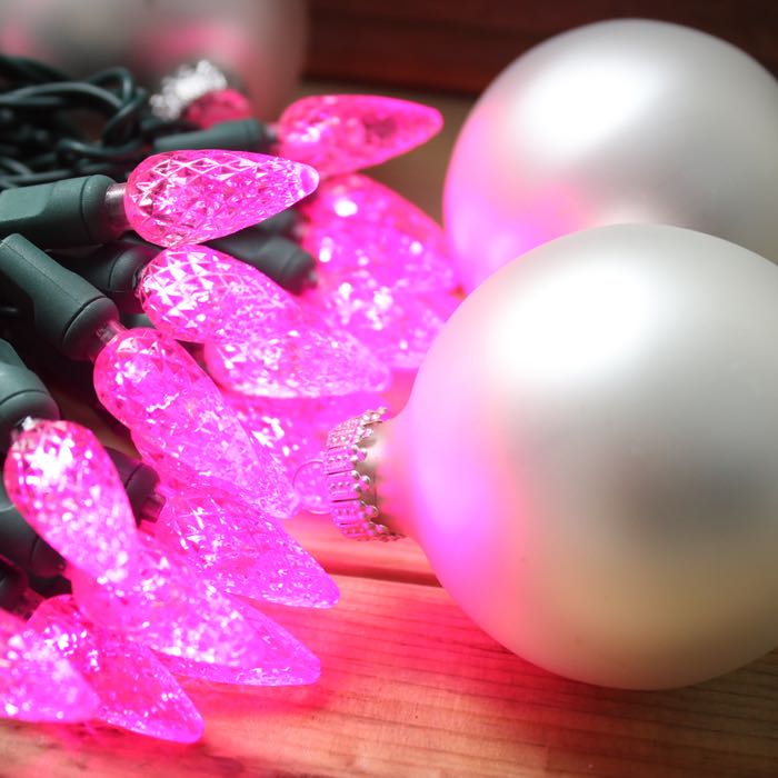 50-light C6 Pink LED Christmas Lights, 4" Spacing Green Wire