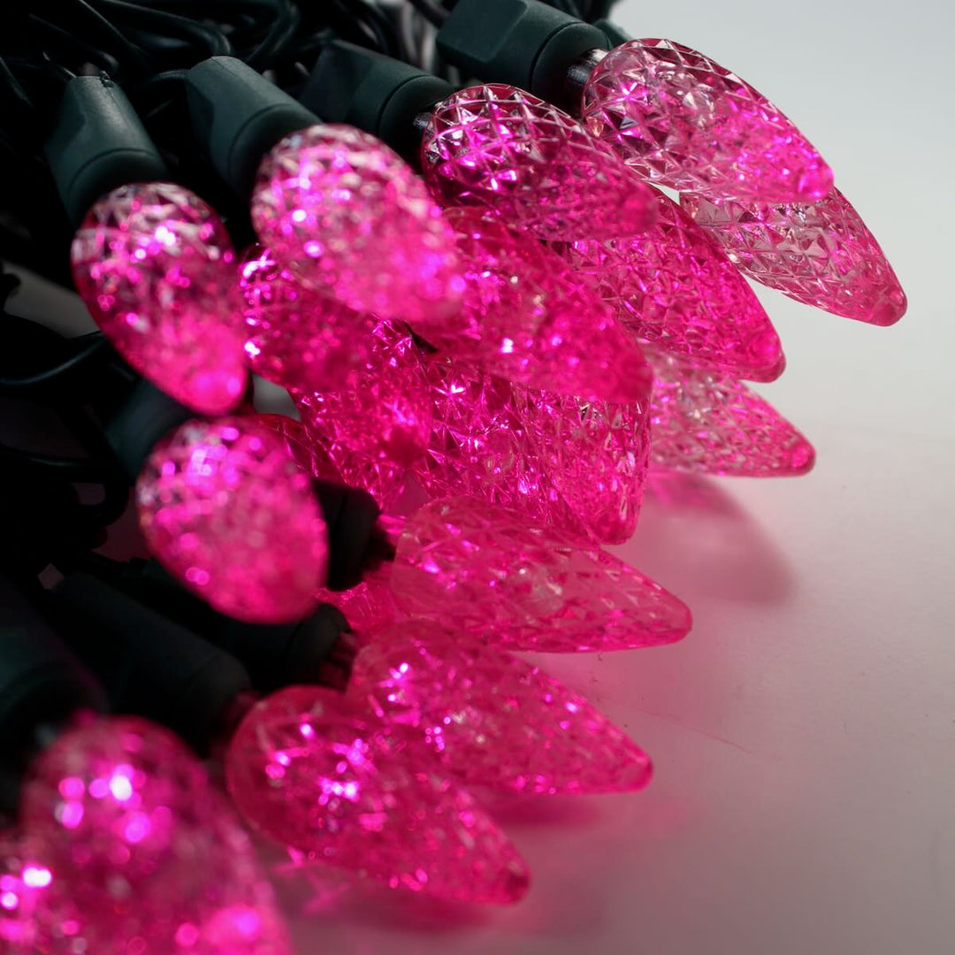 50-light C6 Pink LED Christmas Lights, 4" Spacing Green Wire