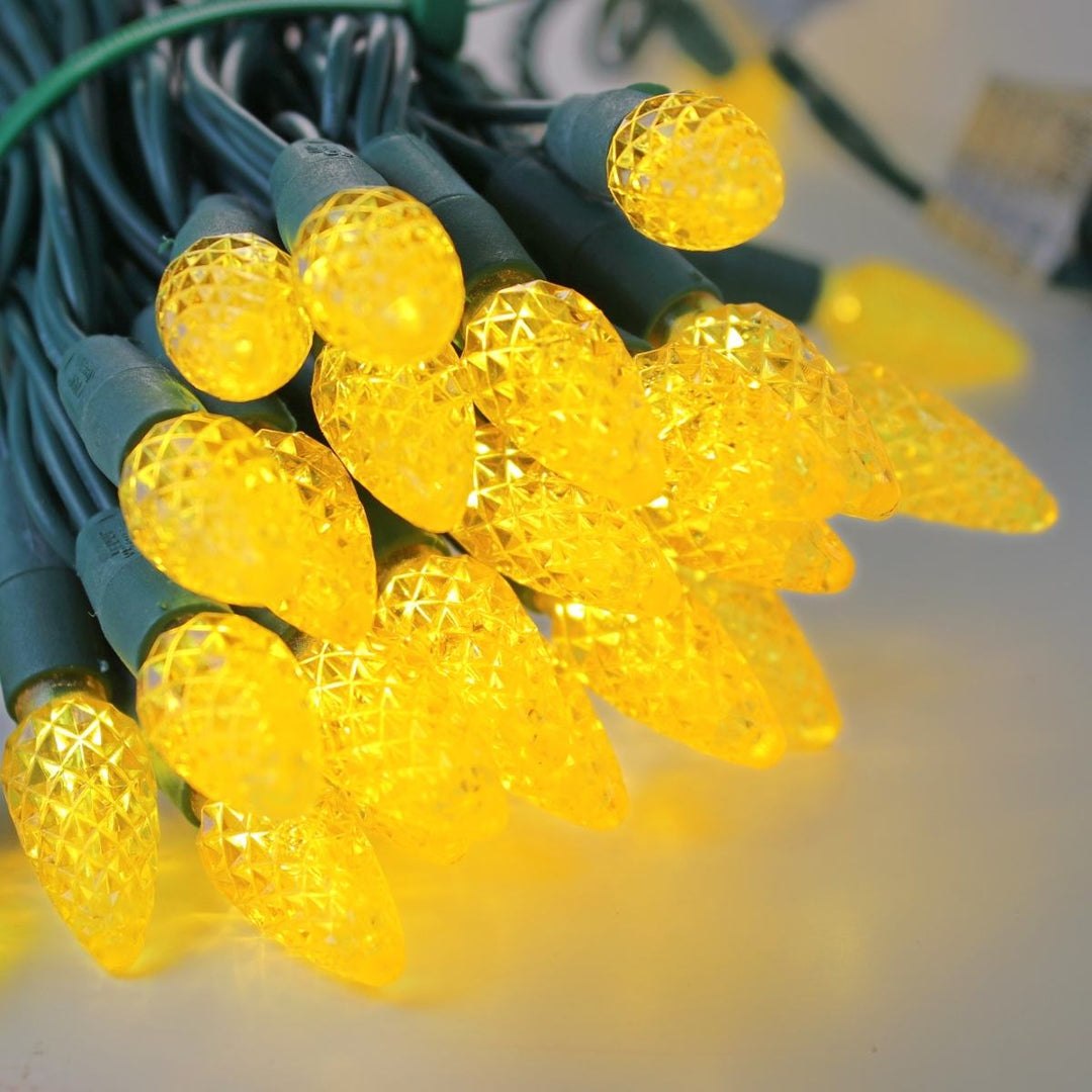 50-light C6 Yellow LED Christmas Lights, 4" Spacing Green Wire