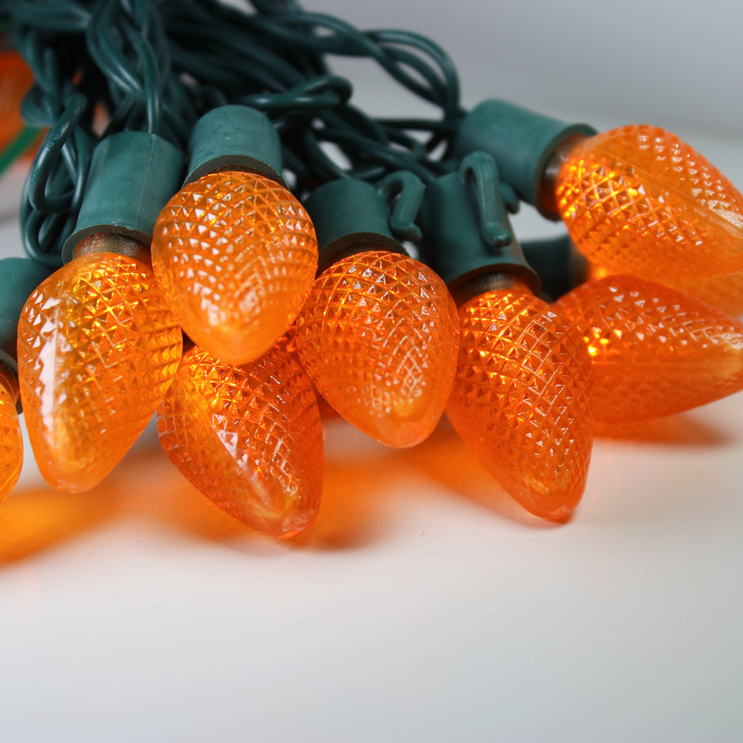 25-light C7 Orange LED Christmas Lights (Non-removable bulbs), 8" Spacing Green Wire