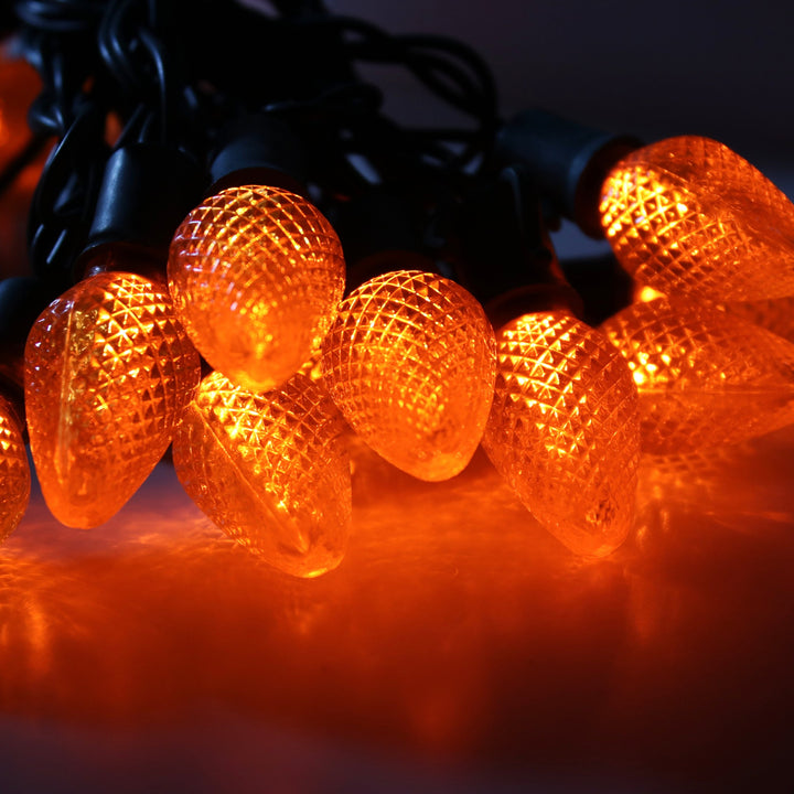 25-light C7 Orange LED Christmas Lights (Non-removable bulbs), 8" Spacing Green Wire