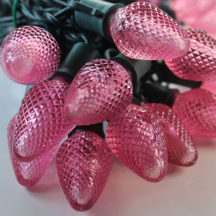 25-light C7 Pink LED Christmas Lights (Non-removable bulbs), 8" Spacing Green Wire