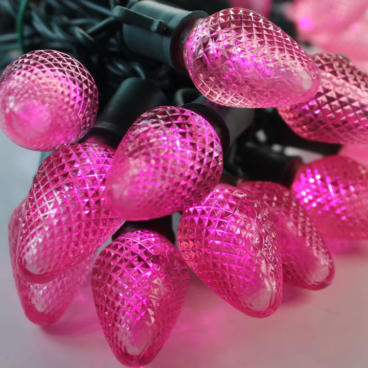 25-light C7 Pink LED Christmas Lights (Non-removable bulbs), 8" Spacing Green Wire