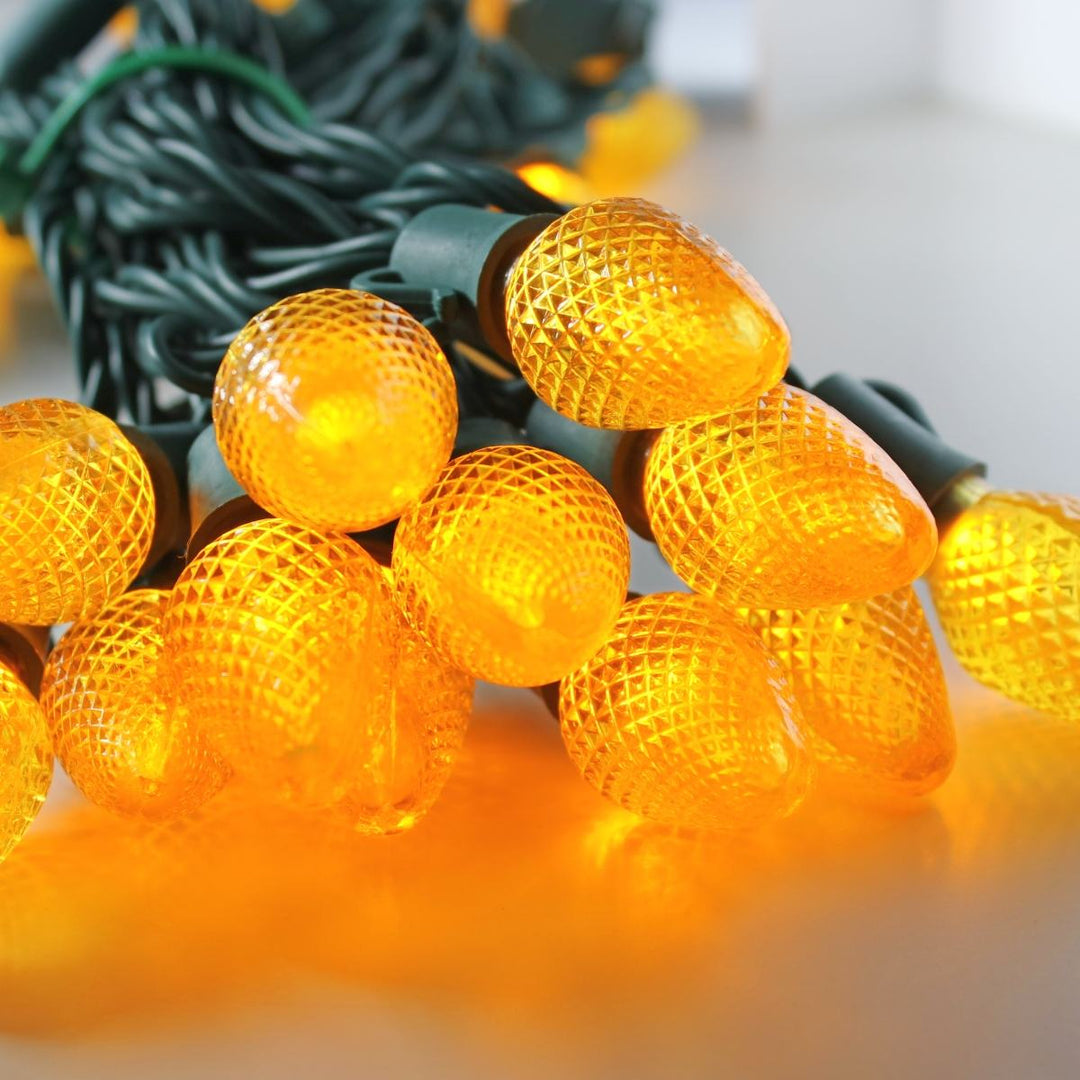 25-light C7 Yellow LED Christmas Lights (Non-removable bulbs), 8" Spacing Green Wire
