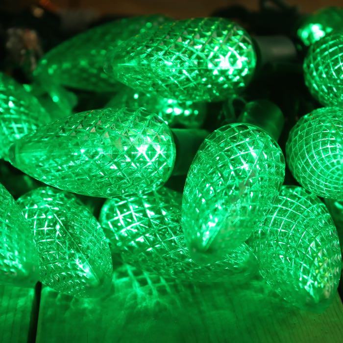 25-light C9 Green LED Christmas Lights (Non-removable bulbs), 8" Spacing Green Wire