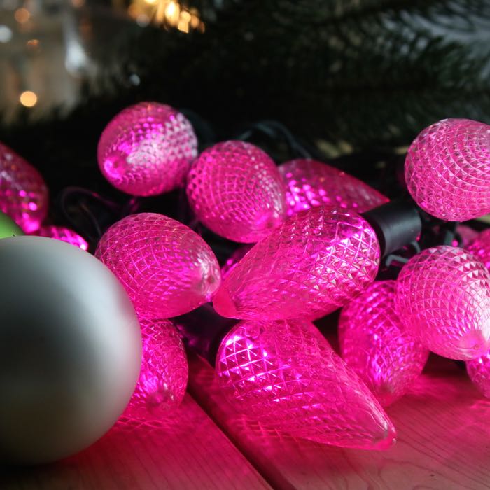 25-light C9 Pink LED Christmas Lights (Non-removable bulbs), 8" Spacing Green Wire