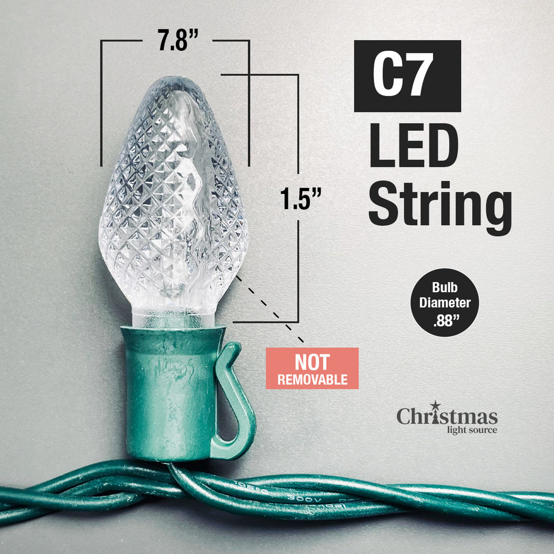 25-light C7 Pure White LED Christmas Lights (Non-removable bulbs), 8" Spacing Green Wire