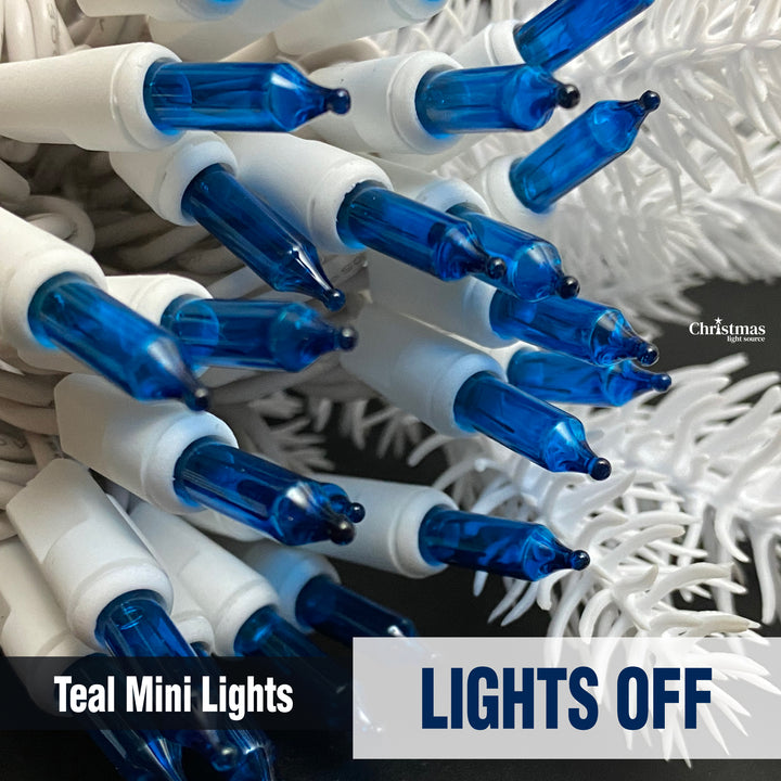 50-bulb Teal Mini Lights, 2.5" Spacing, White Wire