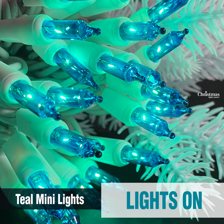 50-bulb Teal Mini Lights, 2.5" Spacing, White Wire