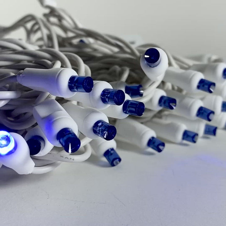 50-light  5mm Blue Strobe LED Christmas Lights, White Wire 4" Spacing