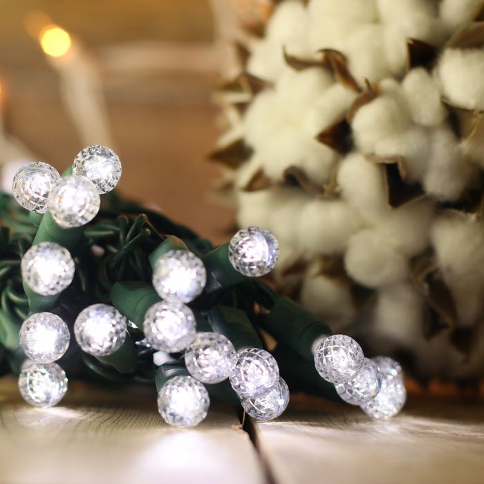 50-light G12 Pure White LED Christmas Lights, 4" Spacing Green Wire
