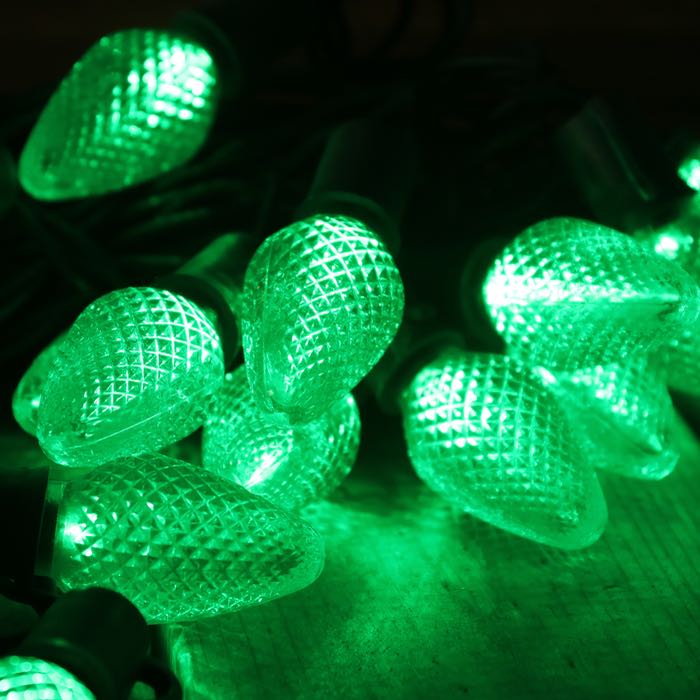 25-light C7 Green LED Christmas Lights (Non-removable bulbs), 8" Spacing Green Wire
