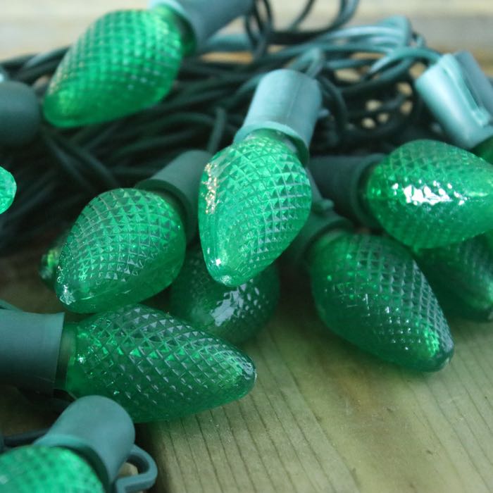 25-light C7 Green LED Christmas Lights (Non-removable bulbs), 8" Spacing Green Wire