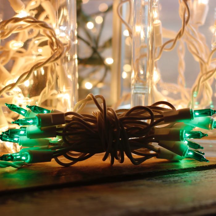 15-bulb Green Craft Lights, White Wire