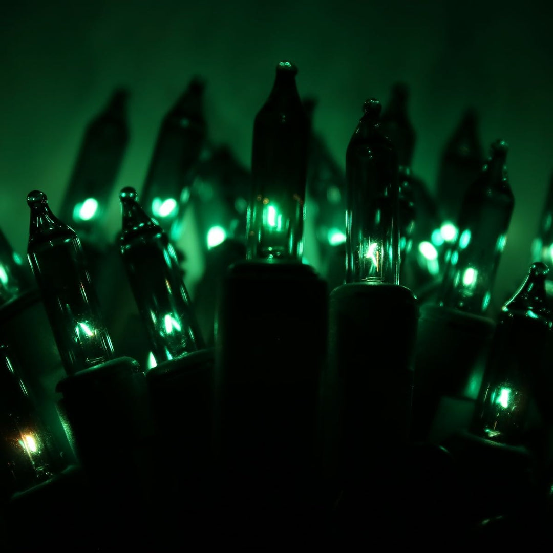 50-bulb Green Mini Lights, 4" Spacing, Black Wire