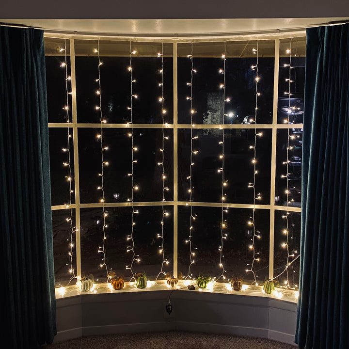 8-foot LED Curtain Lights Warm White on White Wire