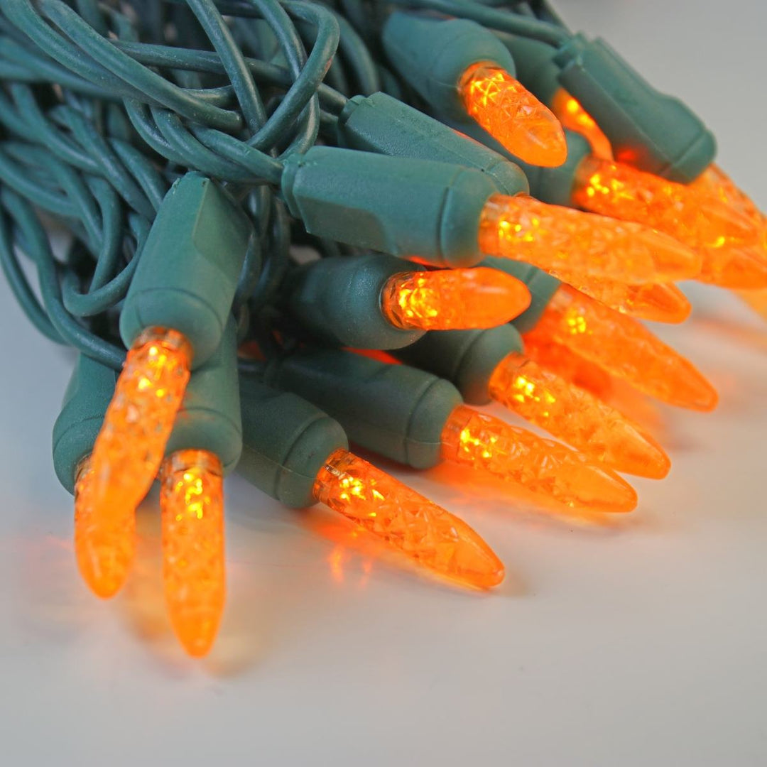50-light M5 Orange LED Christmas Lights, 4" Spacing Green Wire