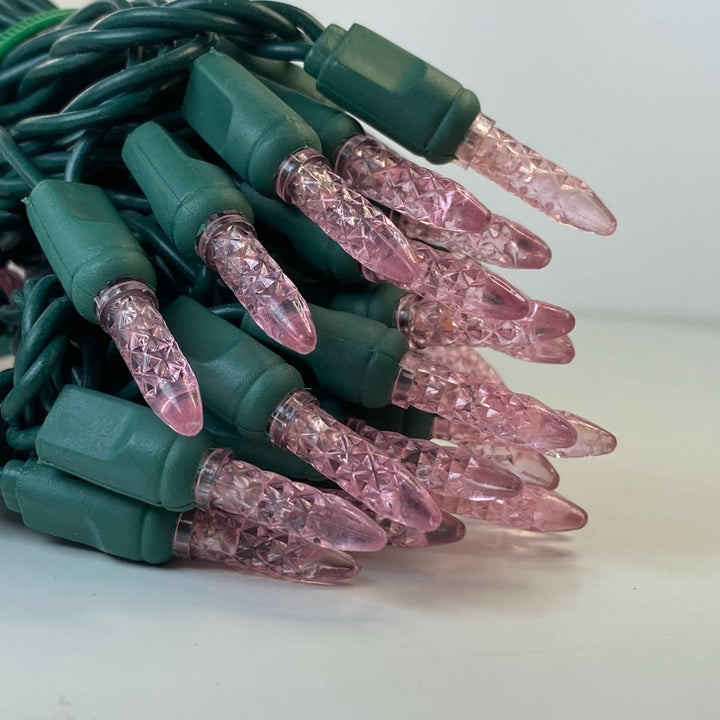 50-light M5 Pink LED Christmas Lights, 4" Spacing Green Wire