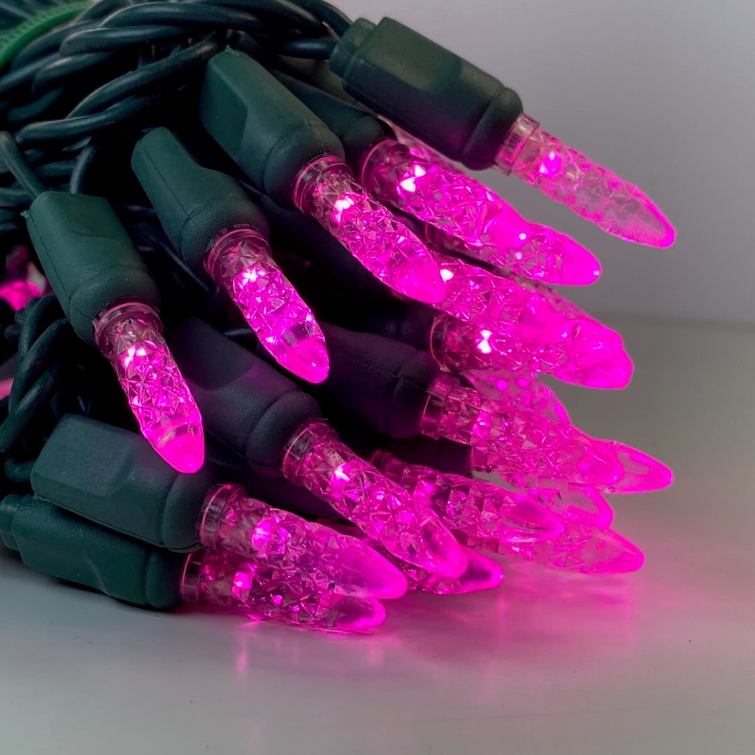 50-light M5 Pink LED Christmas Lights, 4" Spacing Green Wire