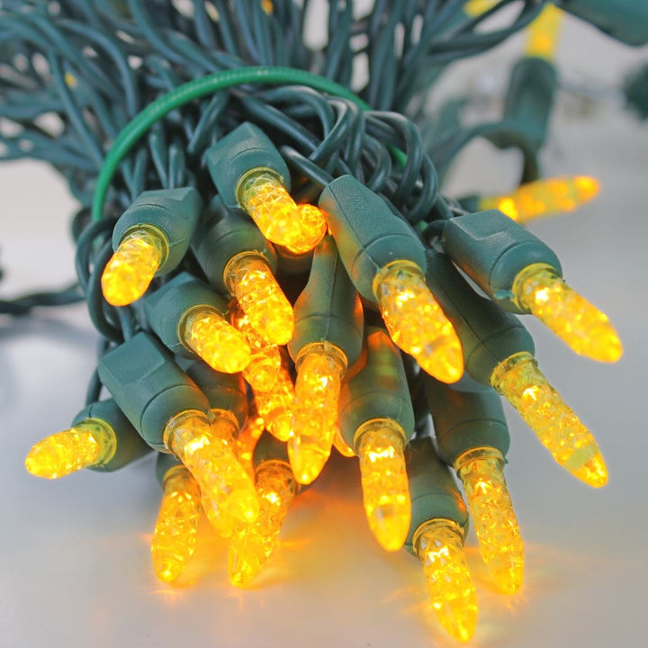 50-light M5 Yellow LED Christmas Lights, 4" Spacing Green Wire