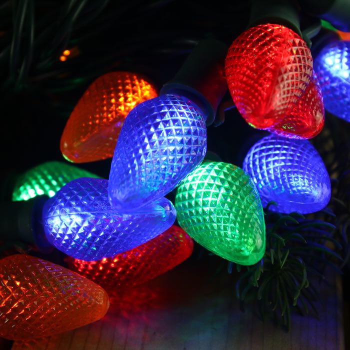 25-light C7 Multicolor LED Christmas Lights (Non-removable bulbs), 8" Spacing Green Wire