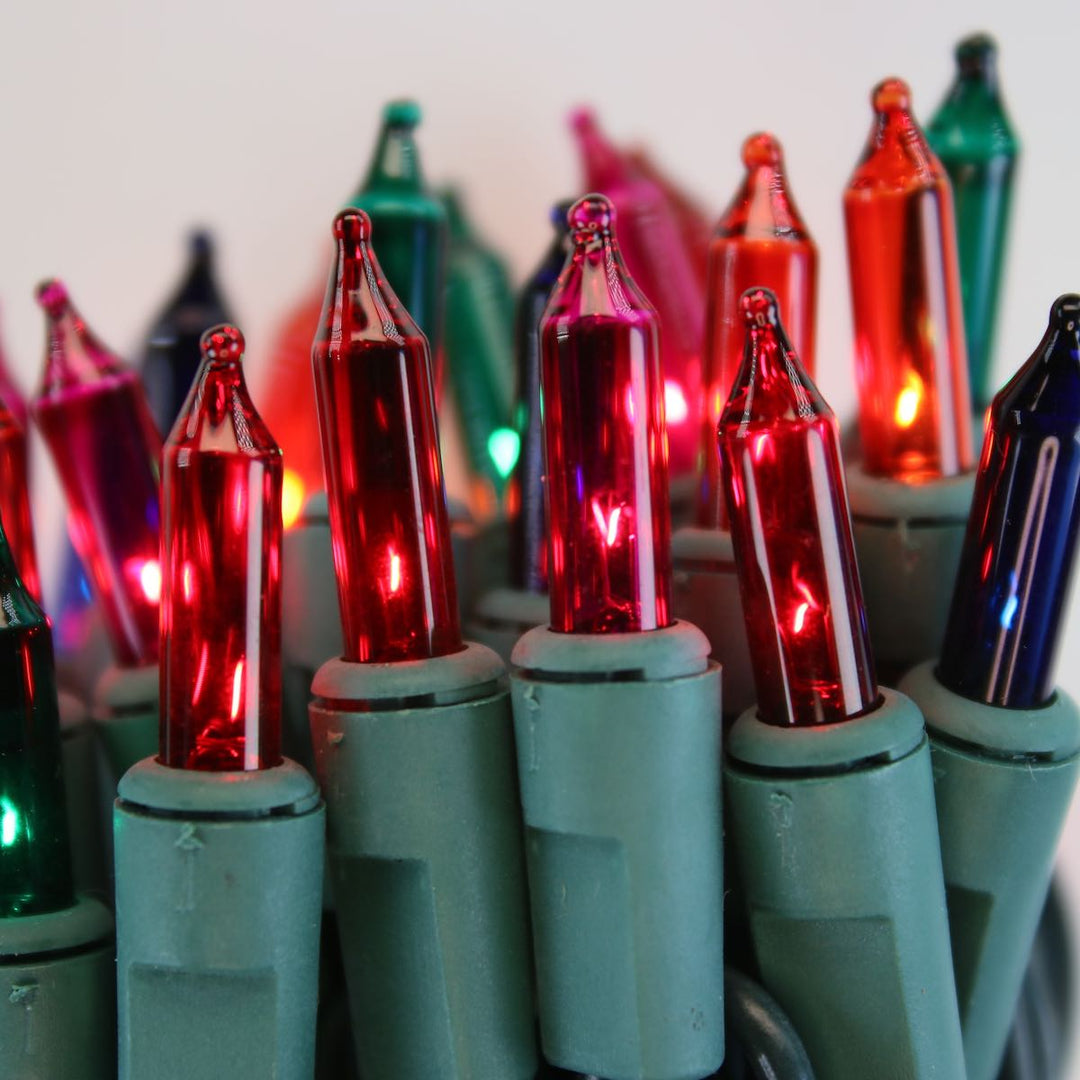 100-bulb Multicolor Mini Lights, 4" Spacing, Green Wire