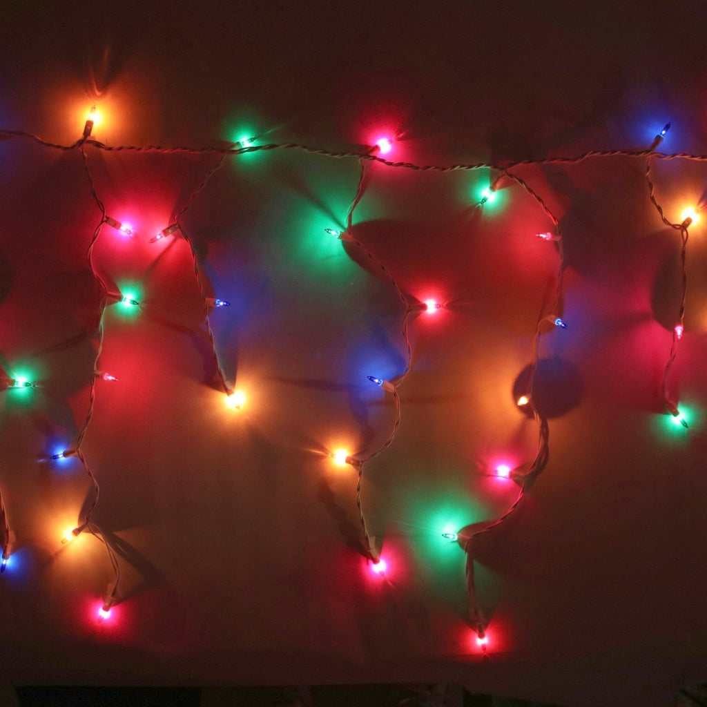 150 bulb Multicolor Glass Icicle Lights White Wire Christmas