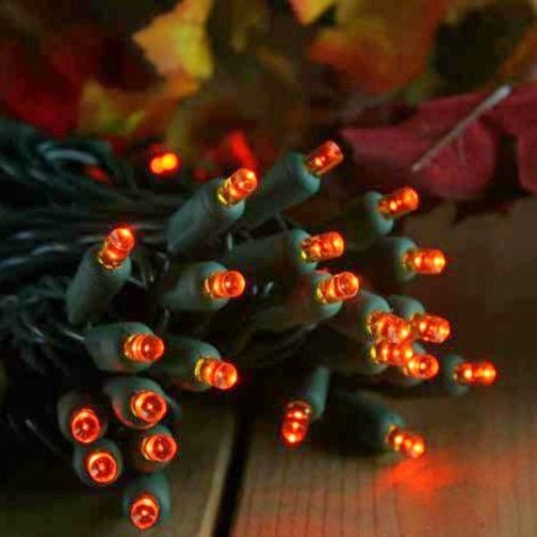 50-light 5mm Orange LED Christmas Lights, 4" Spacing Green Wire