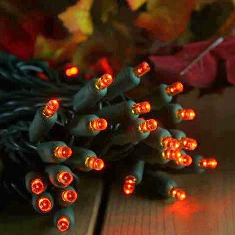 50-light 5mm Orange LED Christmas Lights, 6" Spacing Green Wire