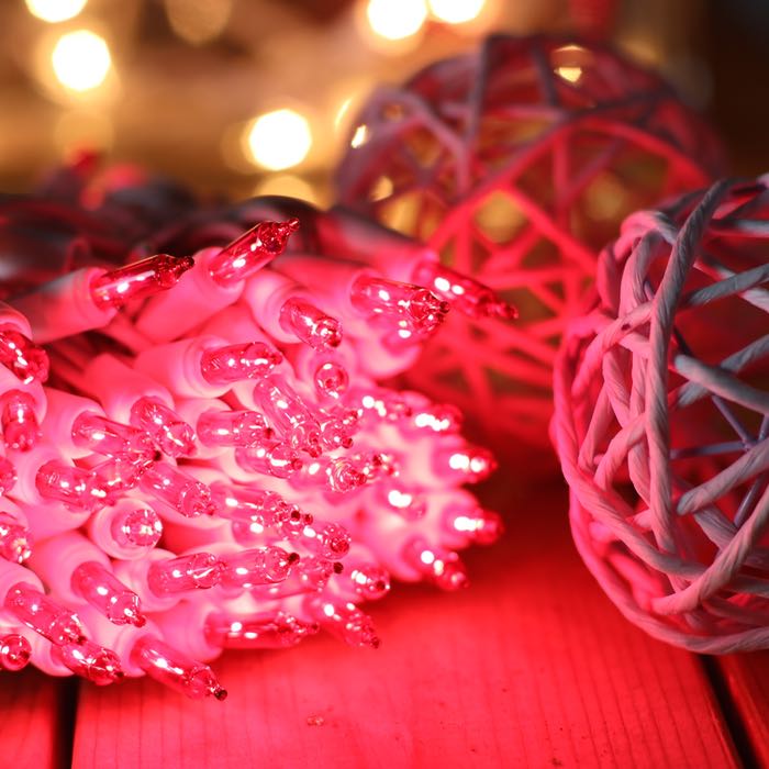 100-bulb Pink Mini Lights, 2.5 Spacing, White Wire – Christmas