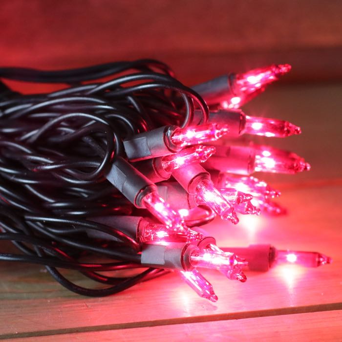 50-bulb Pink Mini Lights, 4" Spacing, Black Wire