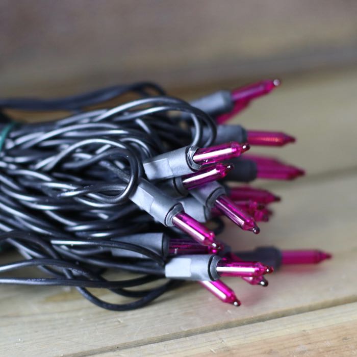 50-bulb Pink Mini Lights, 4" Spacing, Black Wire