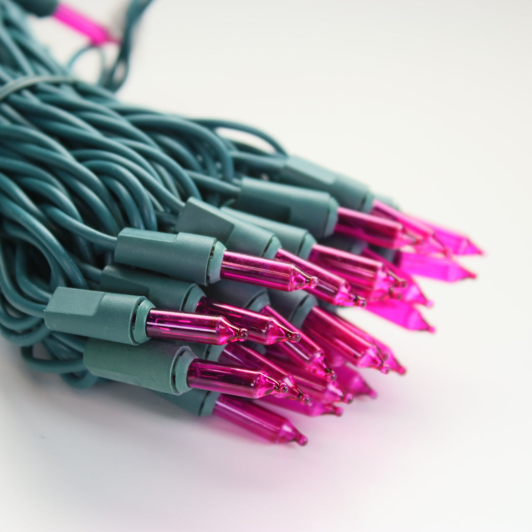 100-bulb Pink Mini Lights, 6" Spacing, Green Wire