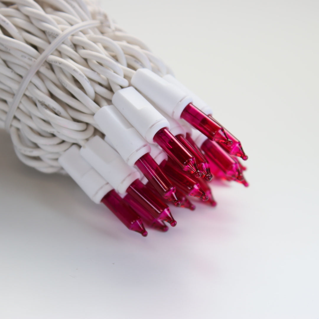 100-bulb Pink Mini Lights, 2.5" Spacing, White Wire