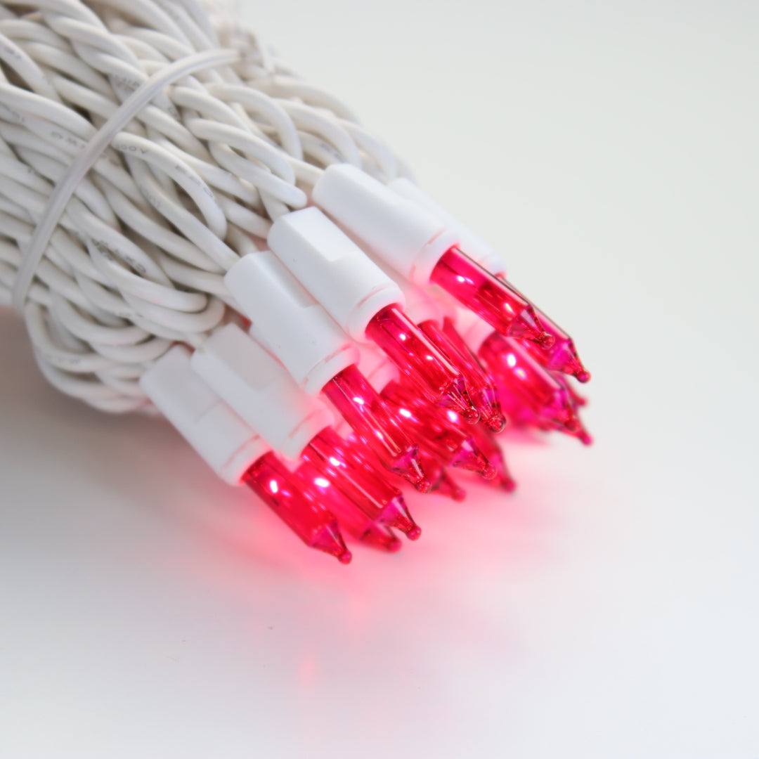 100-bulb Pink Mini Lights, 2.5" Spacing, White Wire