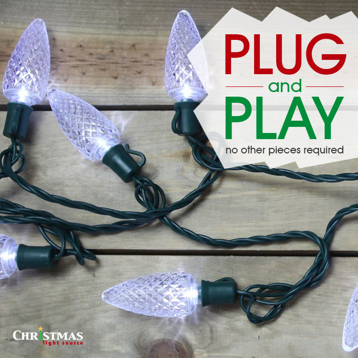 25-light C9 Pure White LED Christmas Lights (Non-removable bulbs), 8" Spacing Green Wire