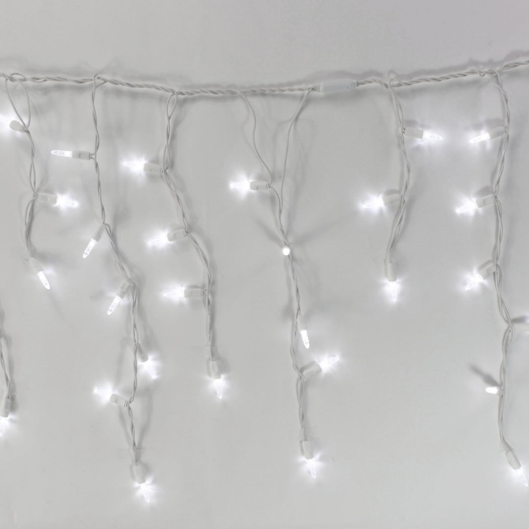 100-light M5 Pure White LED Icicle Lights, White Wire