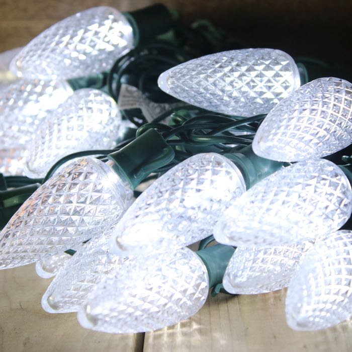 25-light C9 Pure White LED Christmas Lights (Non-removable bulbs), 8" Spacing Green Wire