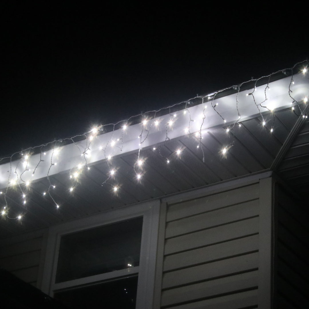 100-light M5 Pure White Twinkle LED Icicle Lights, White Wire